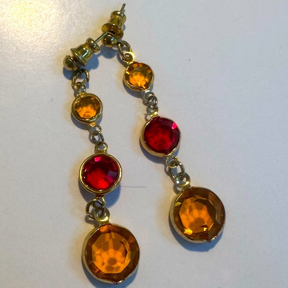 Vintage Gold Tone Drop 3 Tier Stud Style Faceted Glass Pierced Earrings